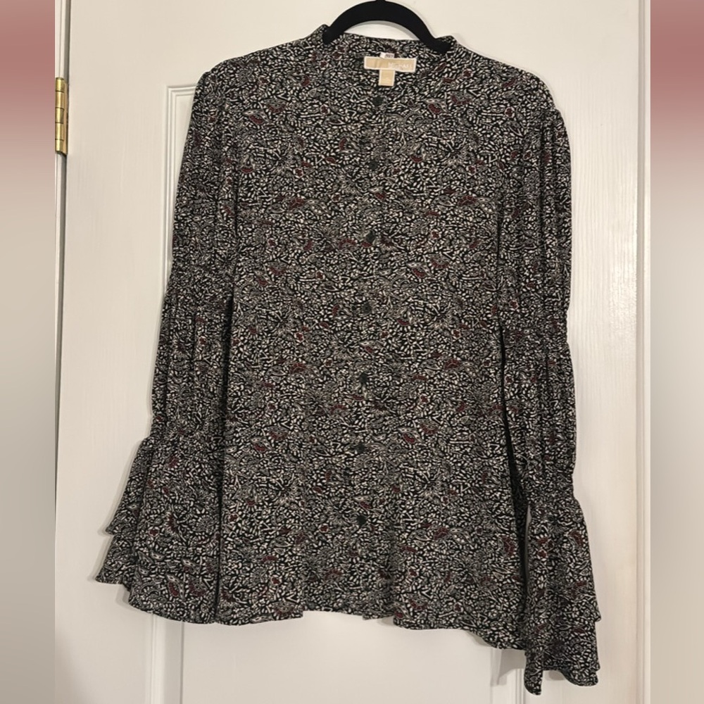 Michael Kors Black Floral Button-Front Collarless Long Sleeve Dress